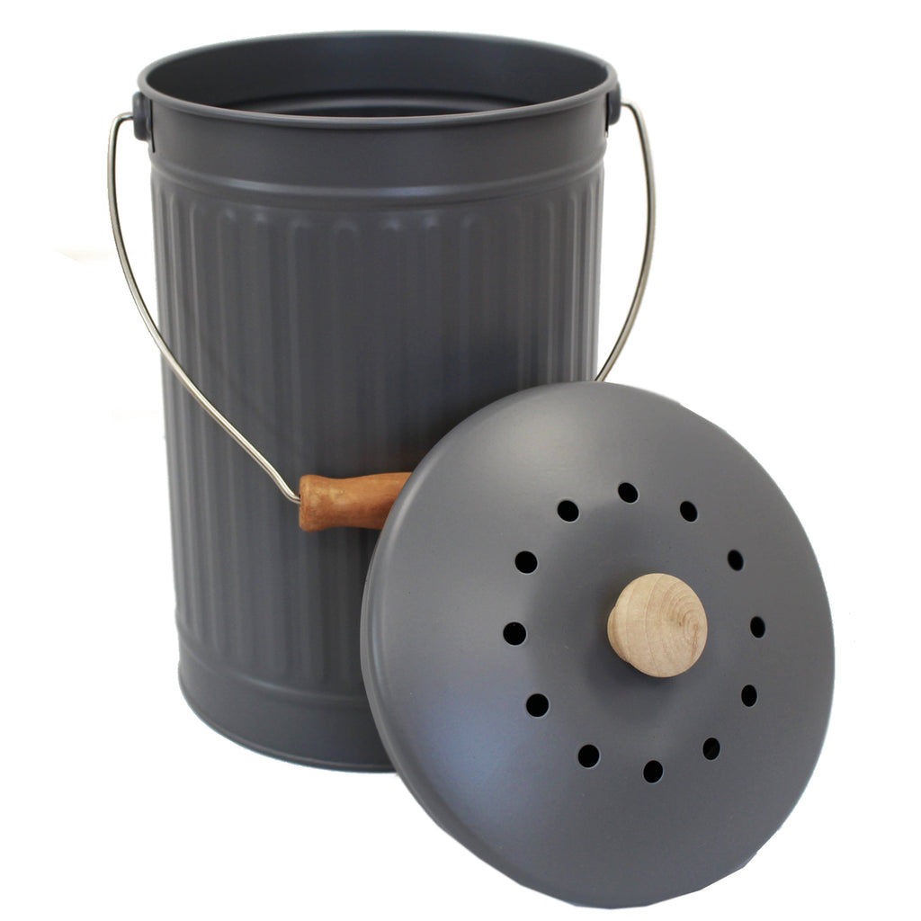 Large metal compost pail with charcoal colouring & handles