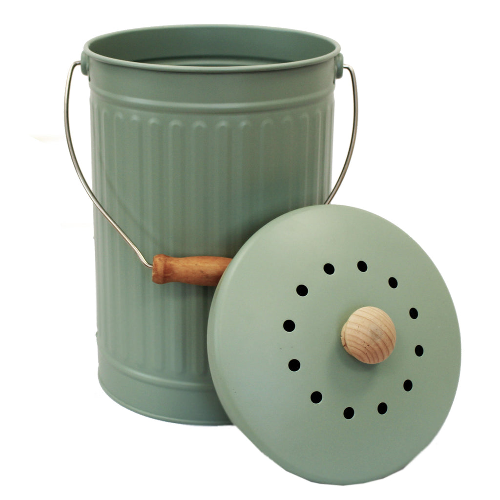 Large metal compost pail with green colouring & handles