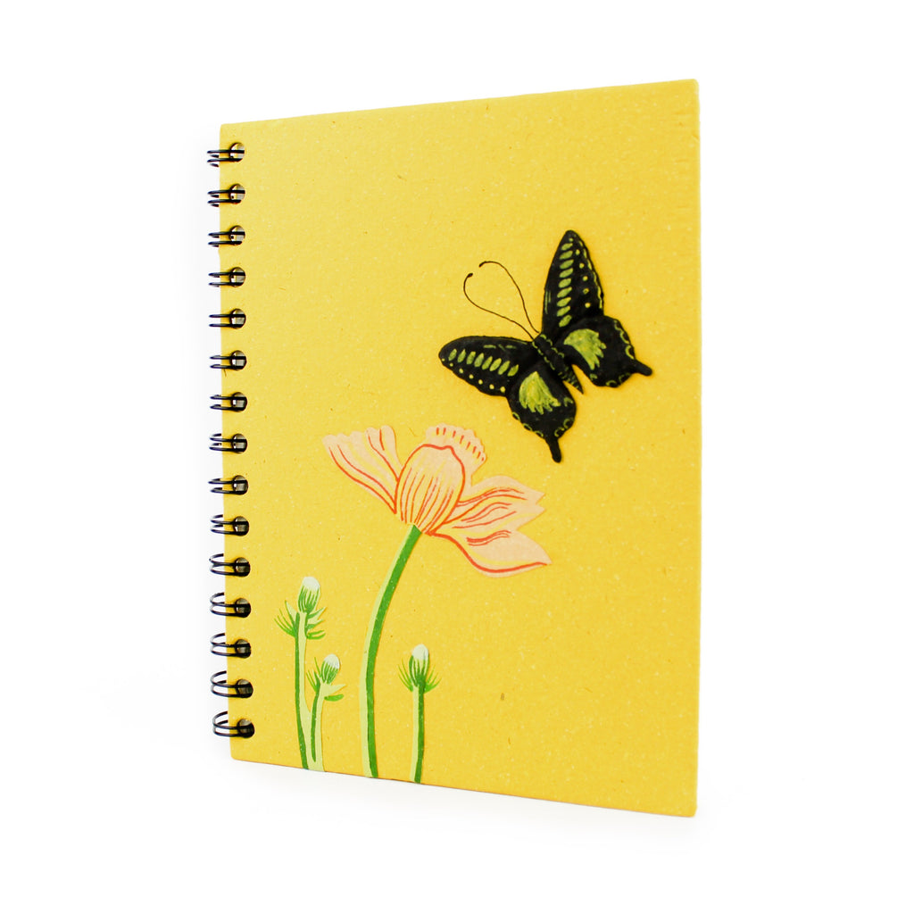 Large spiral yellow notebook with prints