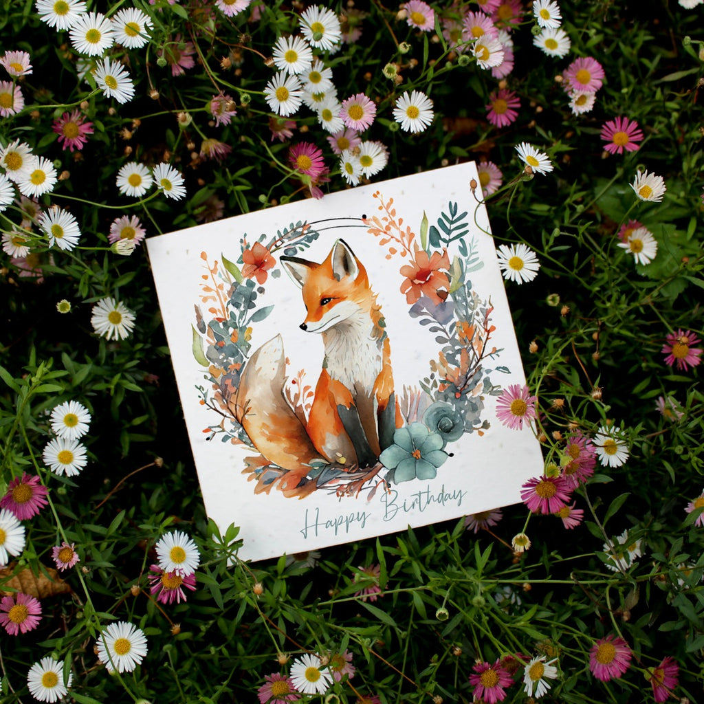  featuring a fox surrounded by a floral wreath. Presented with a kraft envelope.