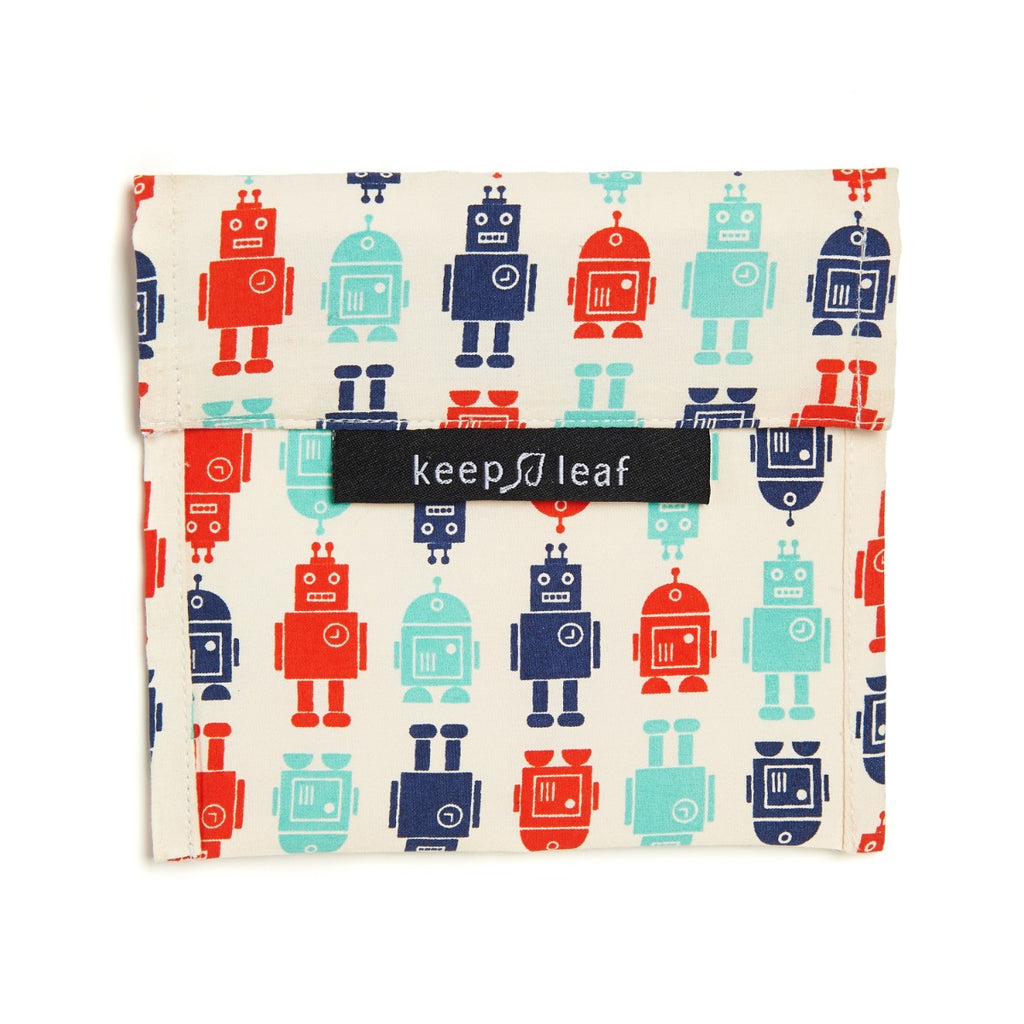 Closed square fabric food bag with blue and red robot print