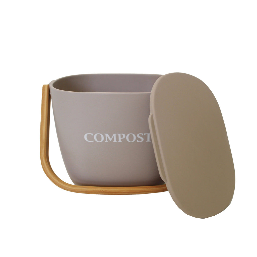 Curved bamboo handled food waste bin with removable lid