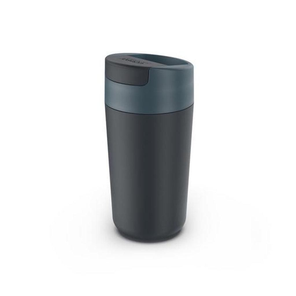 Large blue travel mug with flip-top cap and leakproof screw-top lid.