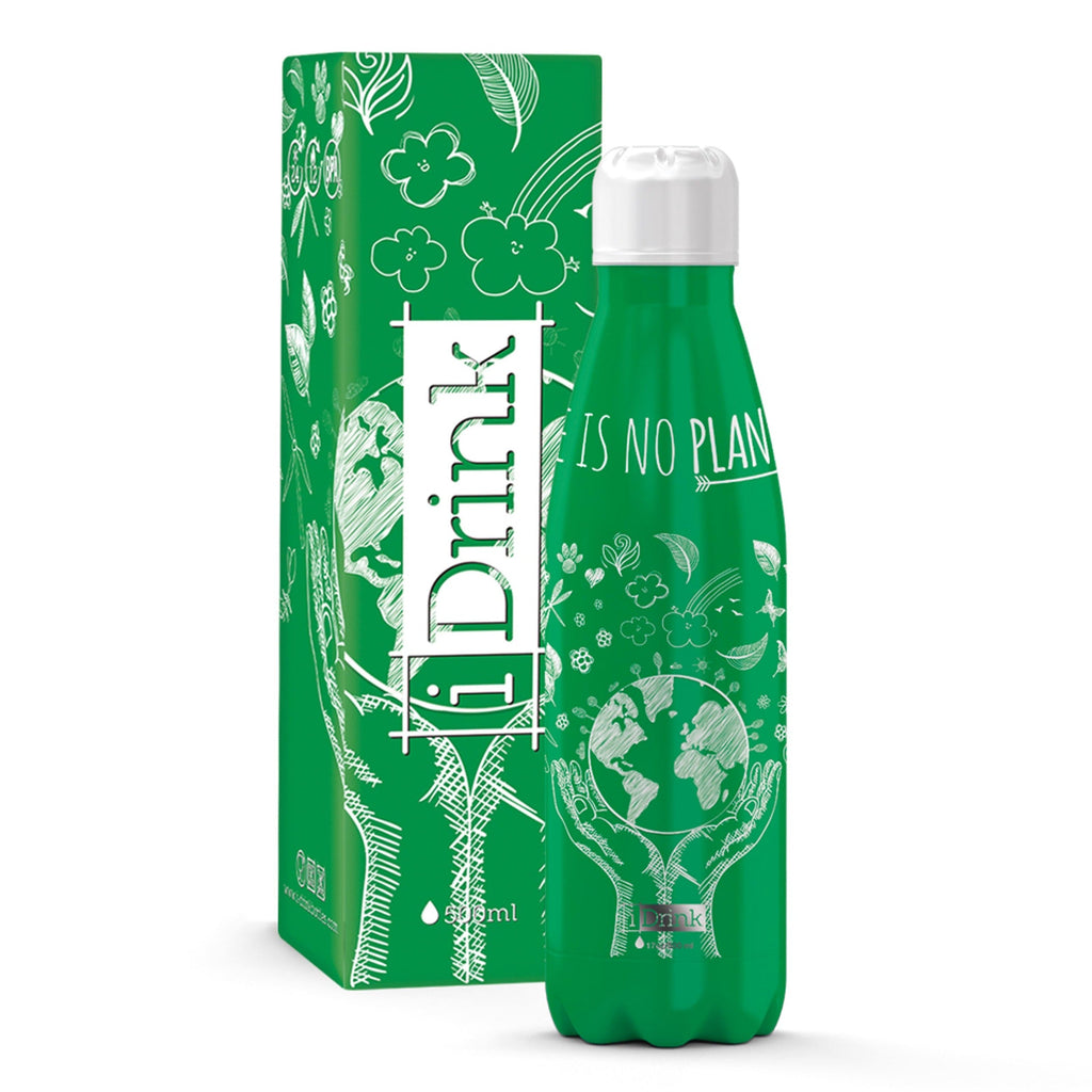 Bright green insulated flask with hand drawn illustration