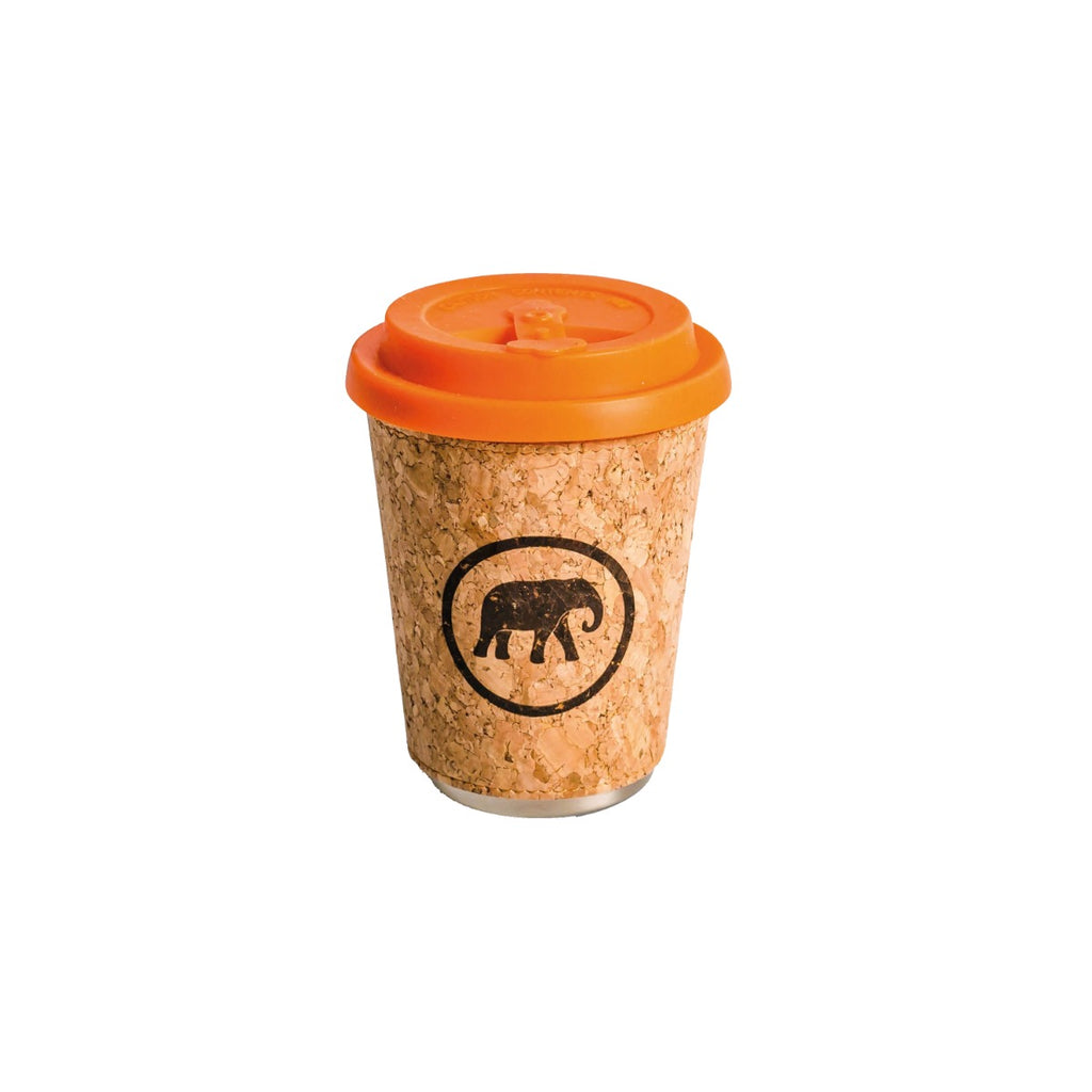 Reusable travel cup with an orange silicone lid, made from stainless steel with a cork sleeve.