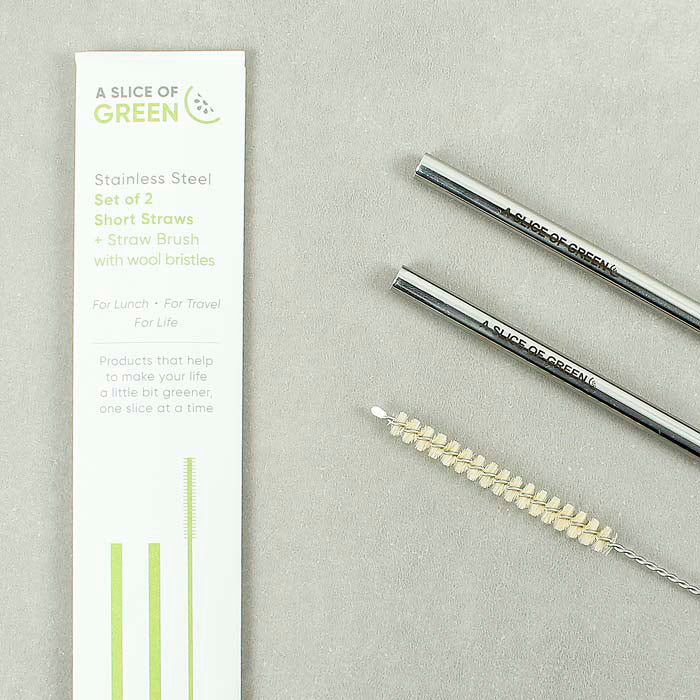 A Slice of Green stainless steel short straws set with wool bristle cleaning brush and eco packaging.