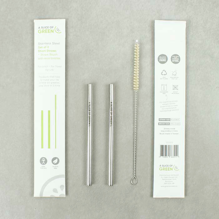 Flat lay of short stainless steel straw set with brush and front and back of packaging, branded A Slice of Green, on grey background