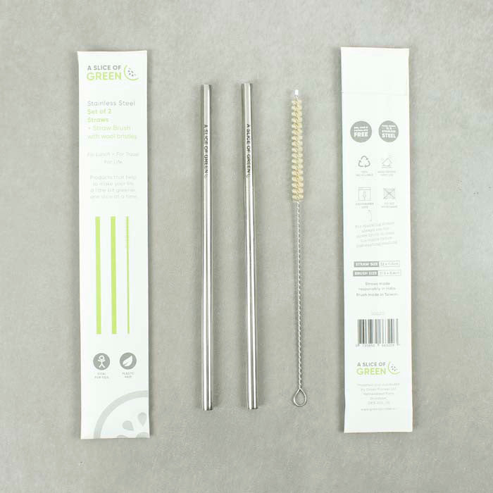 Set of two A Slice of Green stainless steel straws with cleaning brush, shown with front and back of packaging on grey background