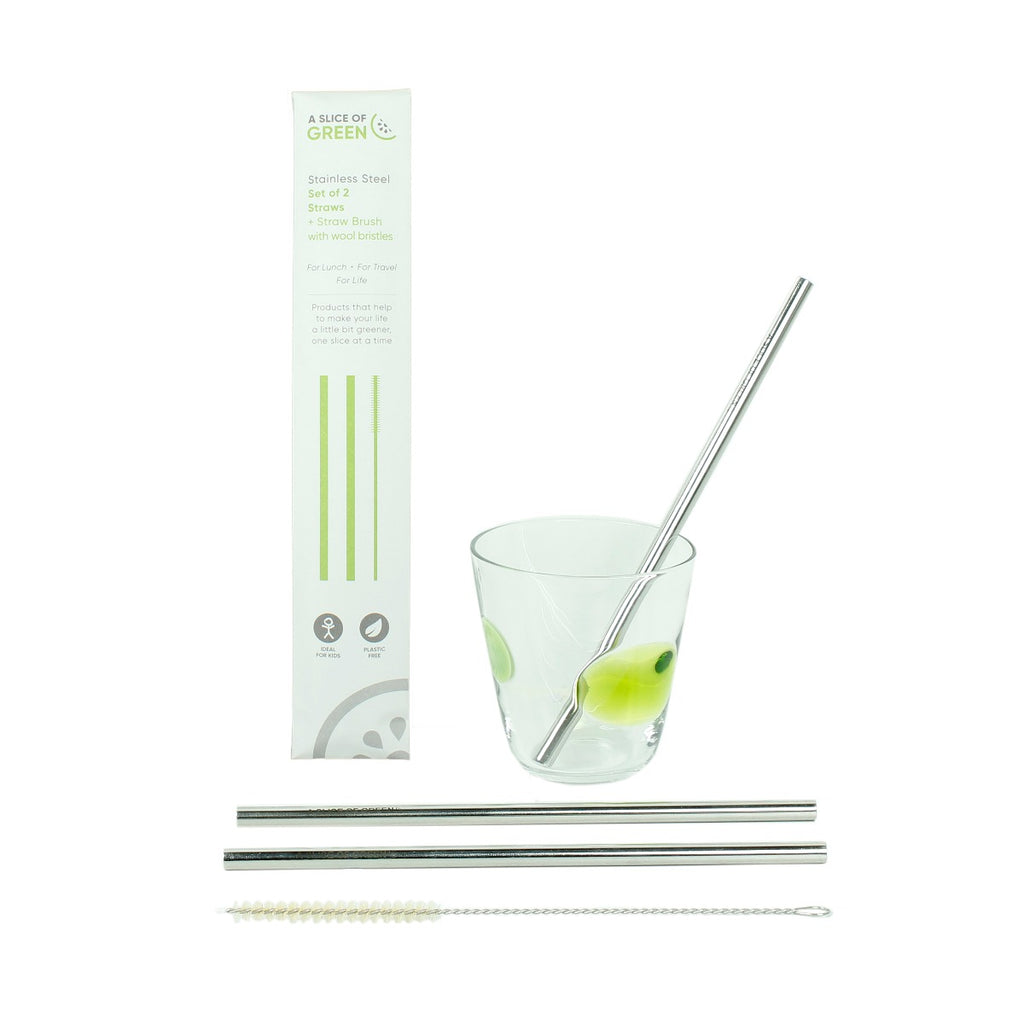 Stainless steel straw set with cleaning brush, shown in packaging and in use inside a glass with green olive-style design