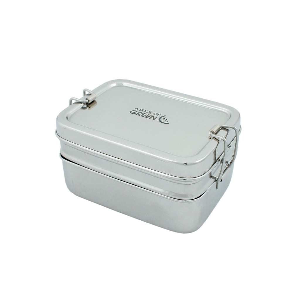 Two-tier stainless steel lunch box with secure metal clips and A Slice of Green logo, ideal for zero-waste packed lunches
