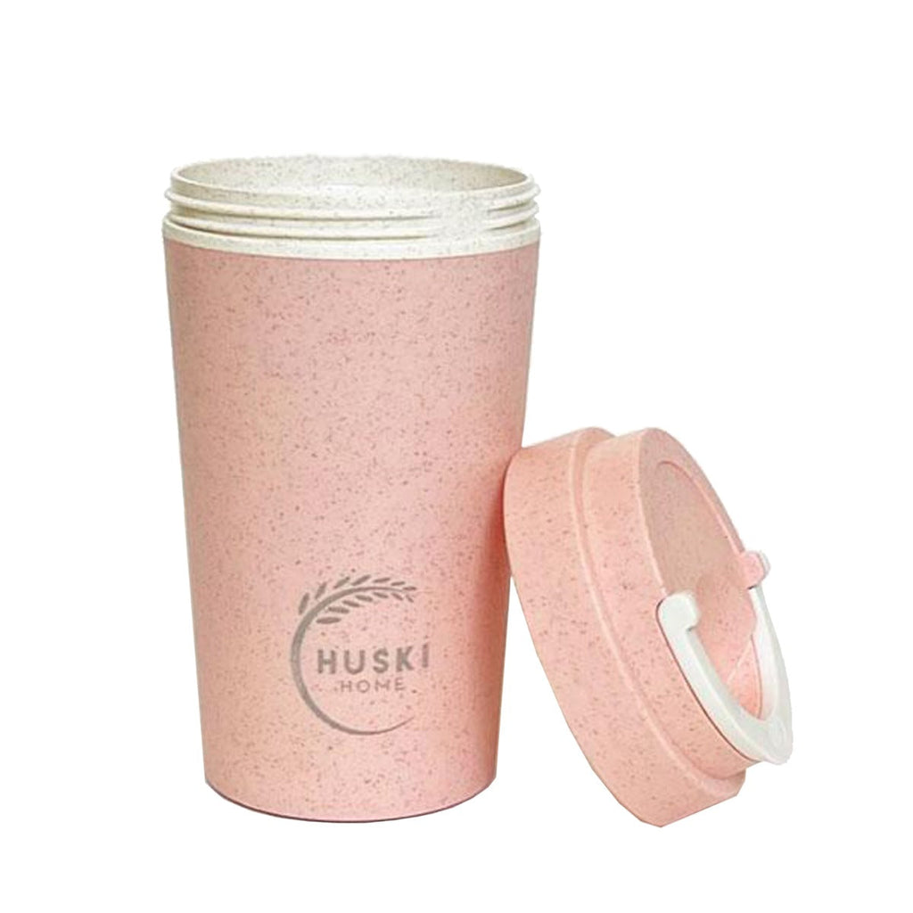 Eco friendly peach travel husk mug with lid removed