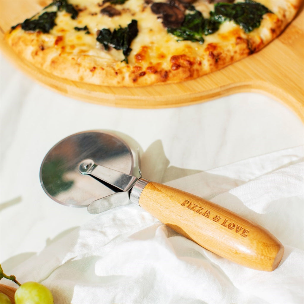 Engraved bamboo handled pizza cutter