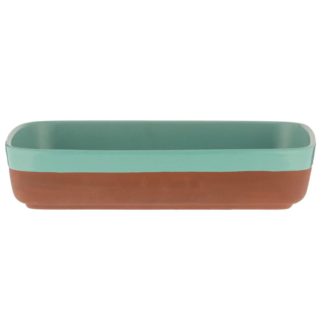 Rectangular shaped terracotta cookware/serveware dish featuring an aqua coloured dipped glaze.