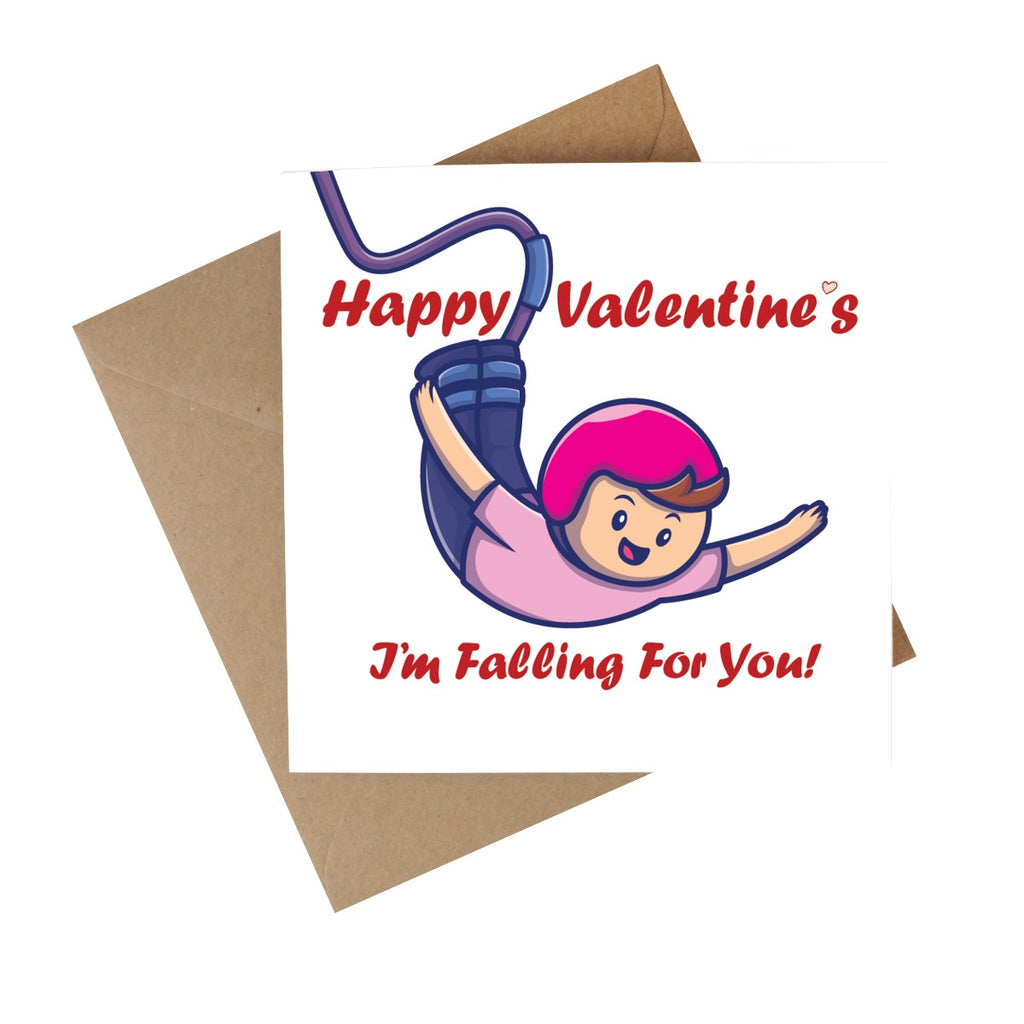 novelty valentines card made from recycled paper, with a cartoon bungee jumper design and text reading 'I'm falling for you'