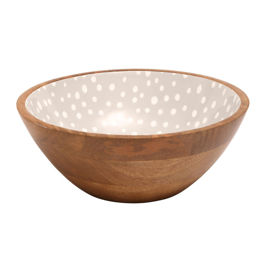 Mango wood salad serving bowl featuring a duck egg enamelled inner with white polka dots.