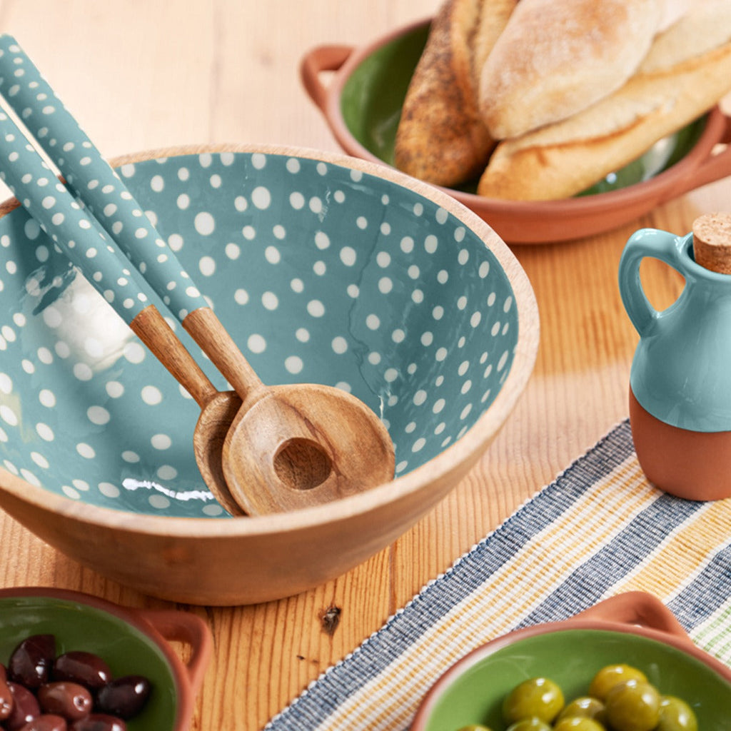  featuring white polka dots on a duck egg background.