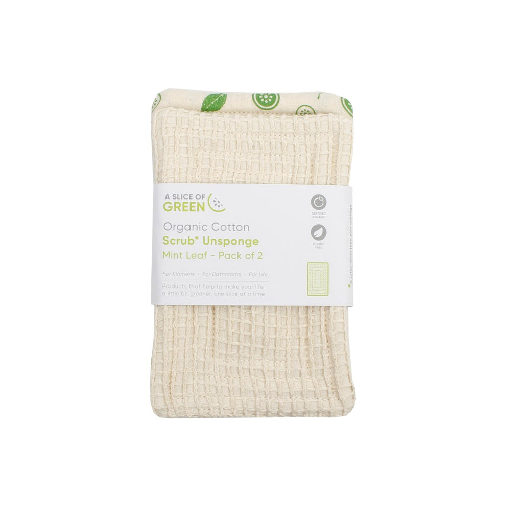 A Slice of Green organic cotton Scrub Unsponges, pack of two in mint leaf design with white paper band