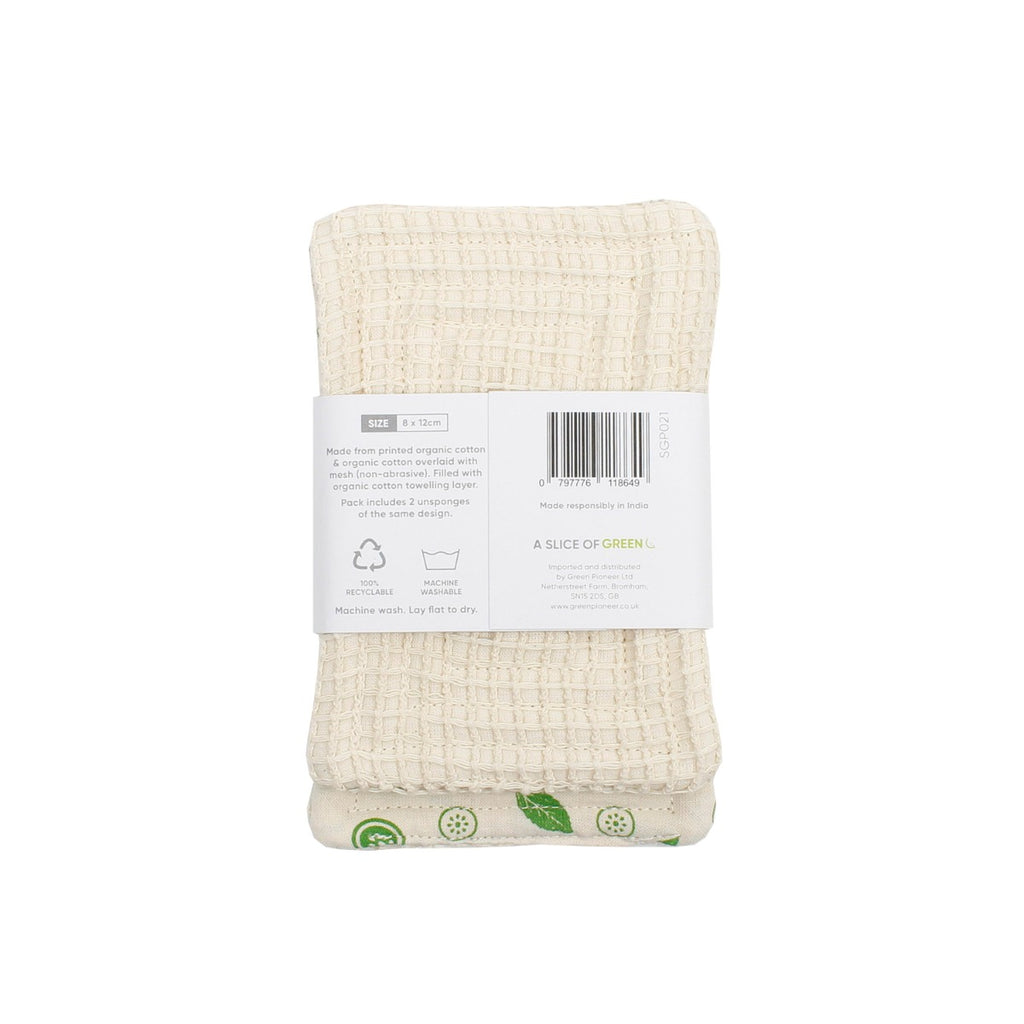 Back of A Slice of Green Scrub Unsponge pack showing waffle texture, barcode, and care label over mint print