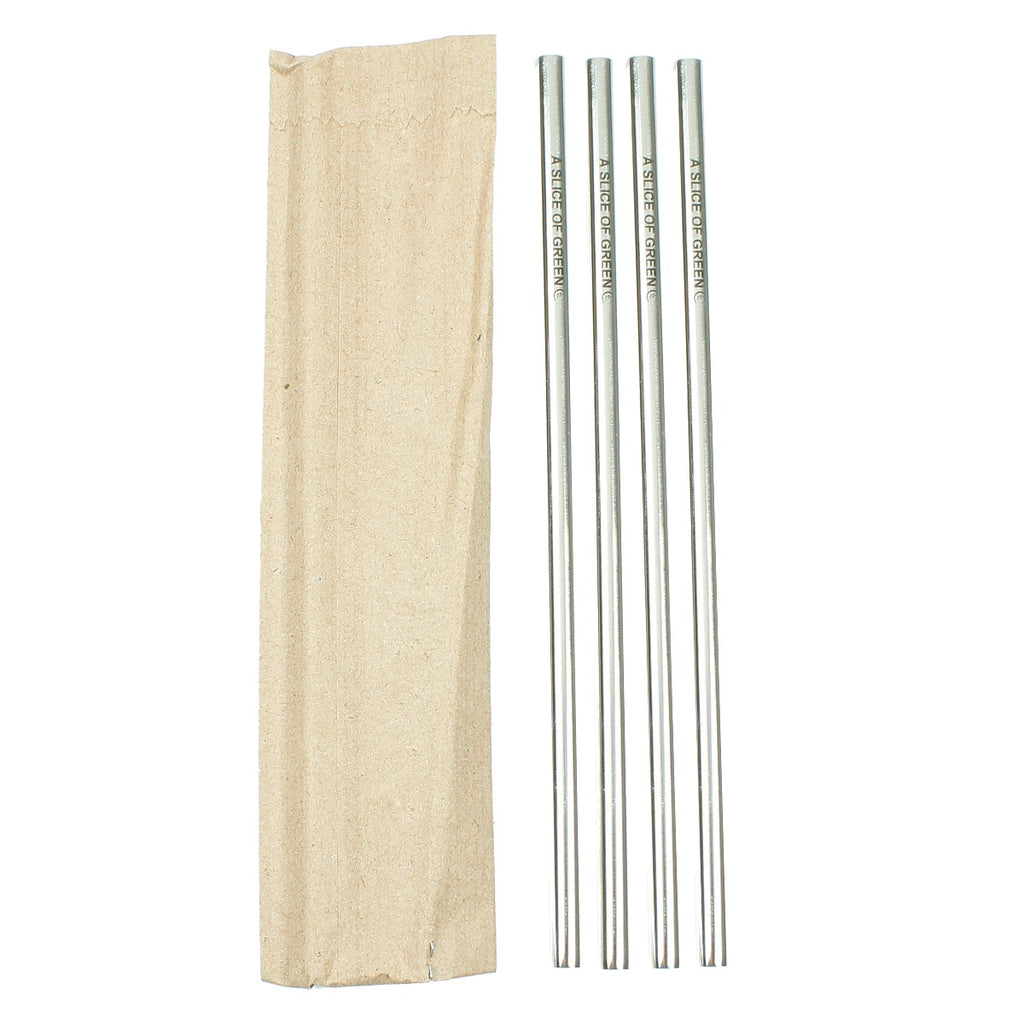 Set of four A Slice of Green stainless steel straws with natural fibre pouch, laid out on a white background for eco-friendly storage