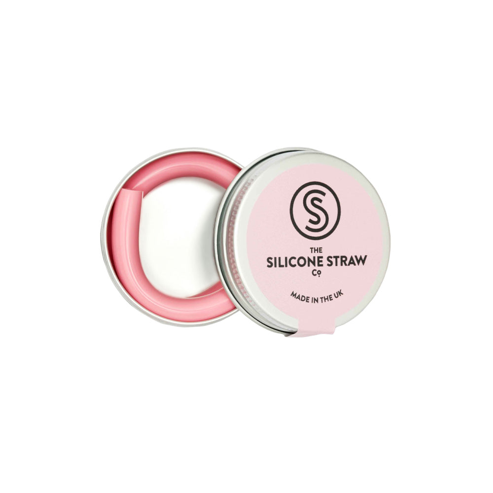Pink reusable silicone straw presented in a handy little travel tin.