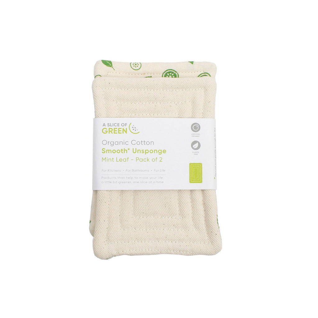 A Slice of Green organic cotton Smooth Unsponges, pack of two in mint leaf design with white paper packing band