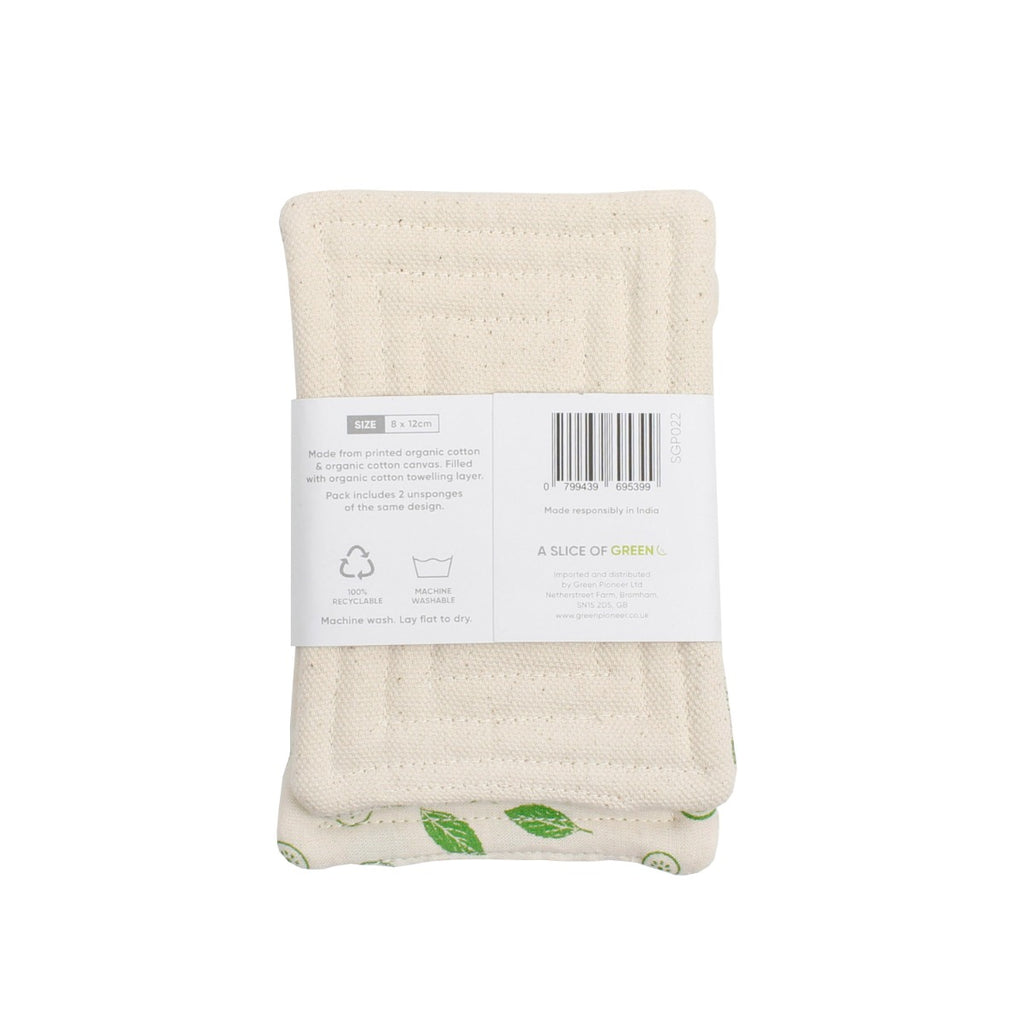 Back of A Slice of Green Smooth Unsponges pack showing plain fabric, barcode, and care instructions