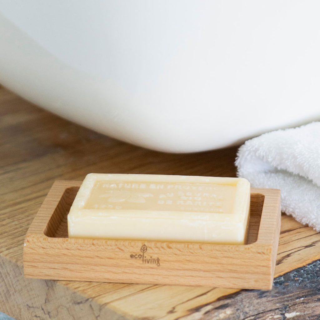  rectangular soap dish made from sustainably sourced beech wood with integrated slot in base