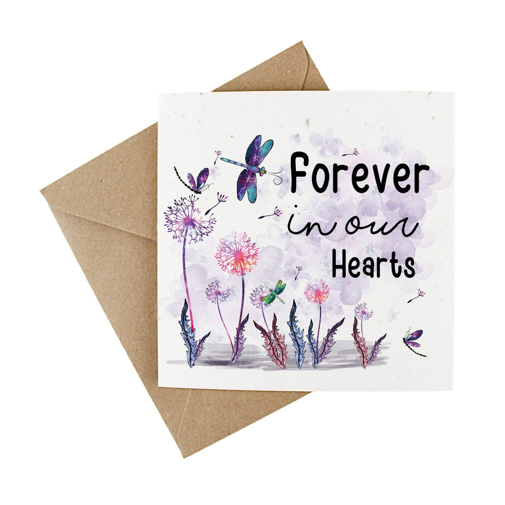 plantable sympathies card with a purple floral dragonfly design