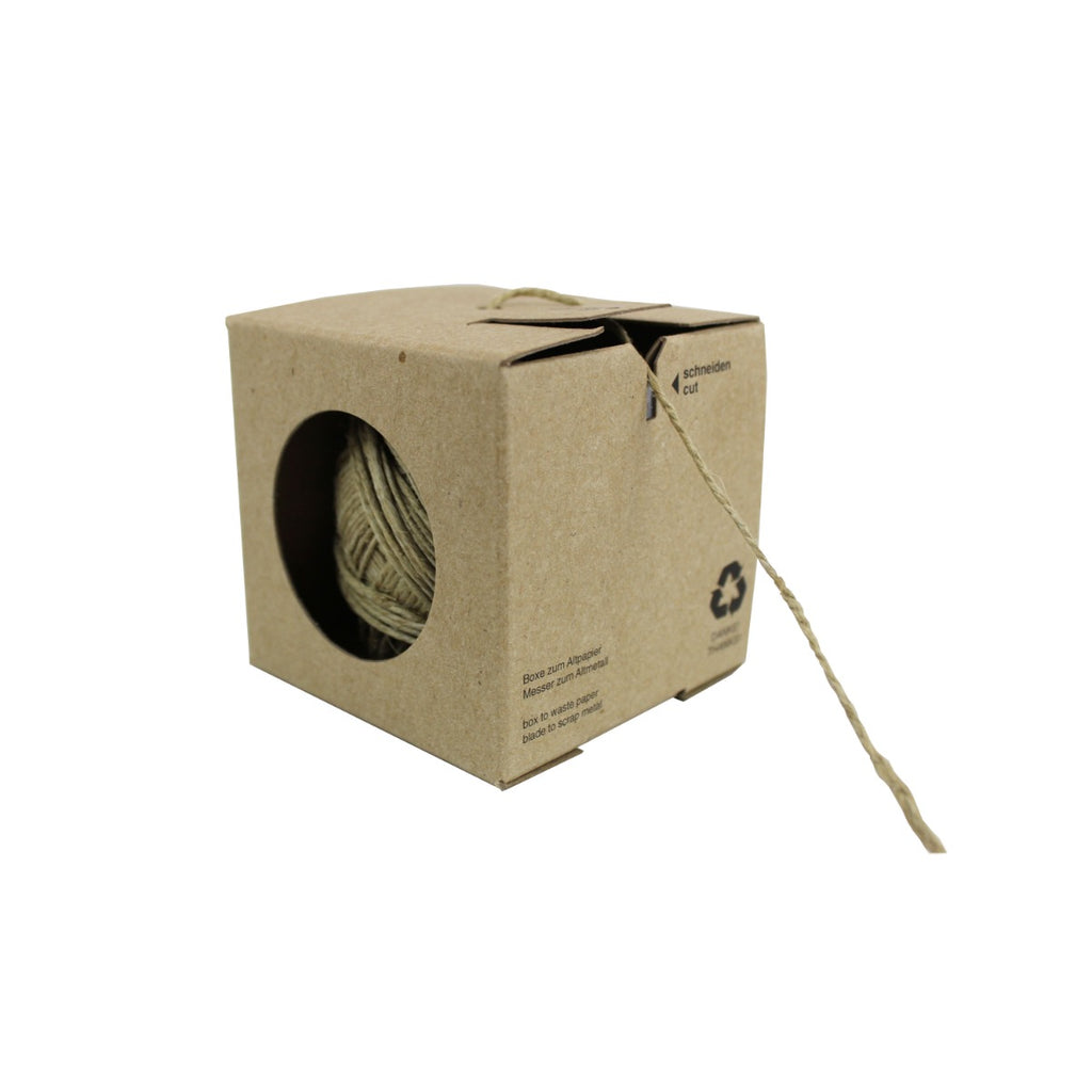 Roll of twine in recyclable cardboard dispenser box with cutting blade