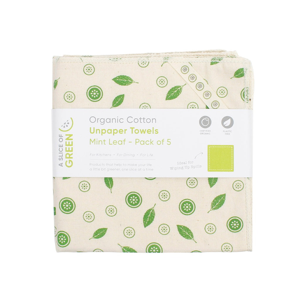 Pack of five organic cotton unpaper towels with green mint leaf print, wrapped in A Slice of Green sleeve