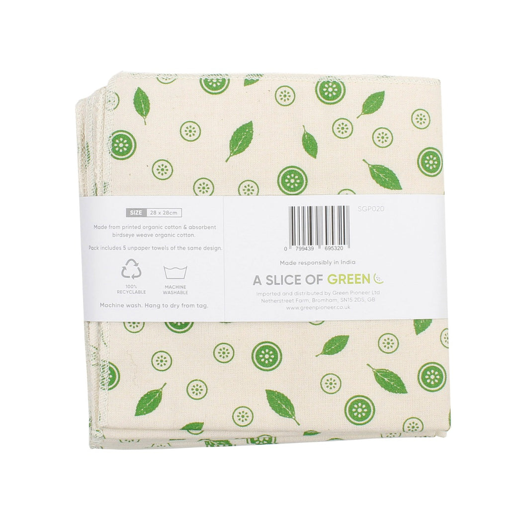 Back of A Slice of Green unpaper towel pack showing mint leaf print, barcode, and care instructions