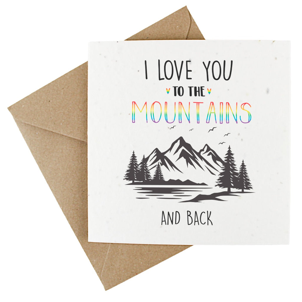 Wildflower seeded valentines day card with colourful LGBTQ rainbow mountain design