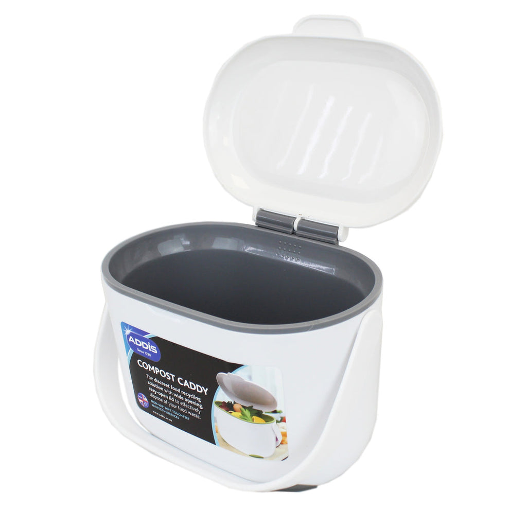 Open white and grey Addis compost caddy showing interior space and product label on the front