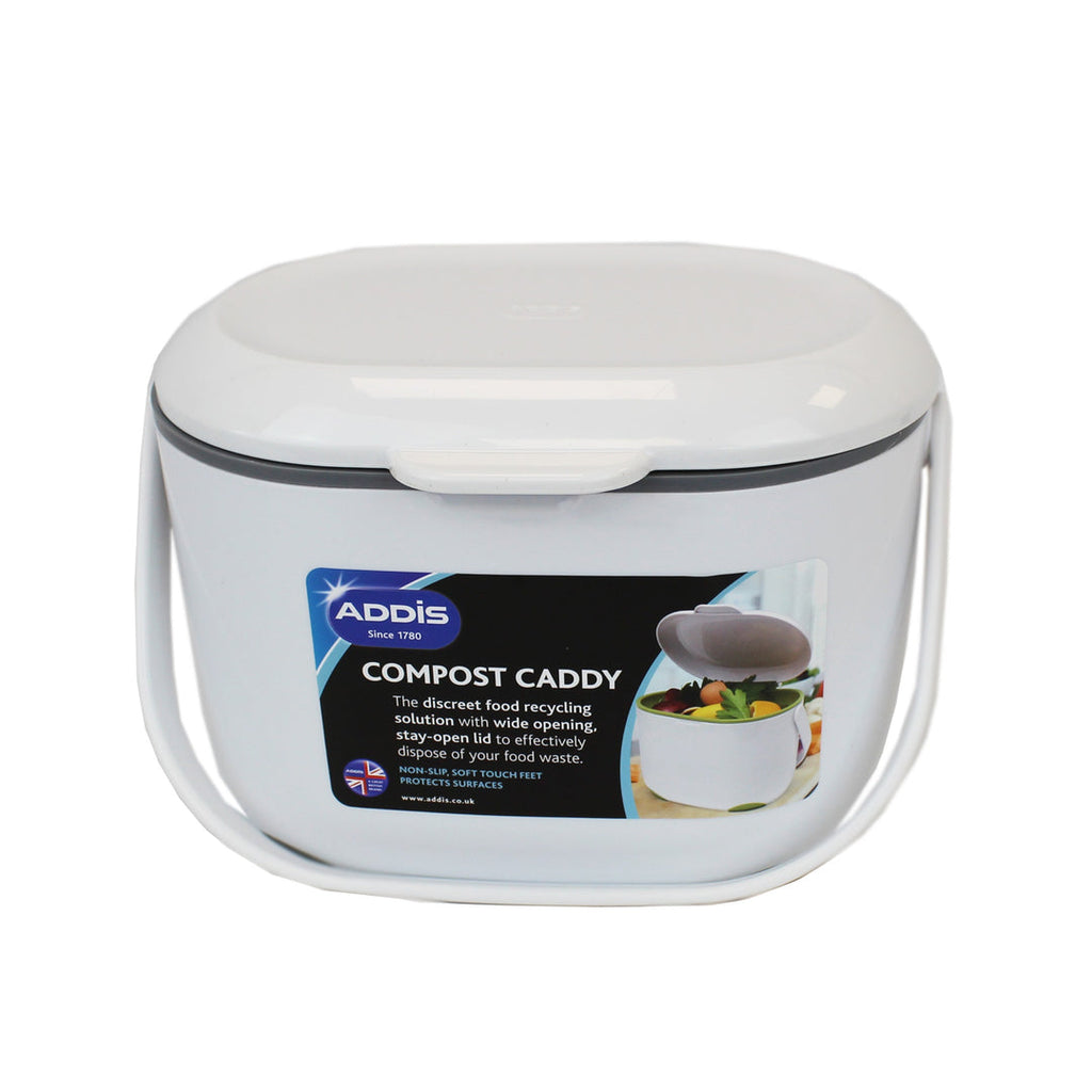 Closed white and grey Addis compost caddy with product label on the front and a handle for easy kitchen use