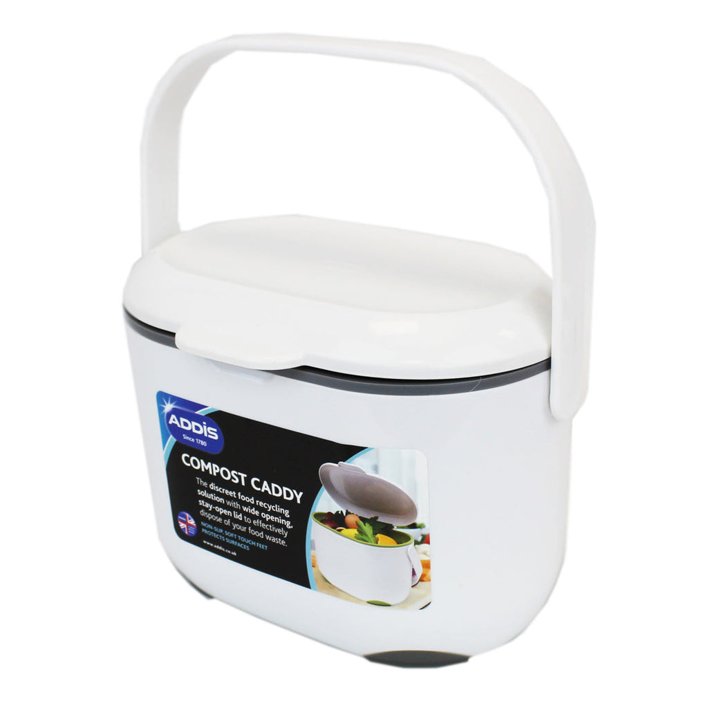 White Addis compost caddy with upright handle and front product label, designed for easy transport and food recycling