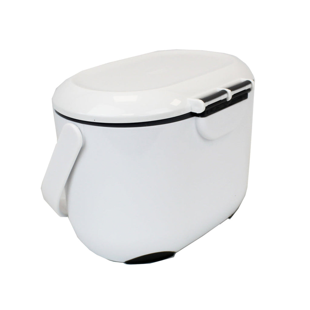 Rear view of white Addis compost caddy with carry handle and secure clip-on lid in black