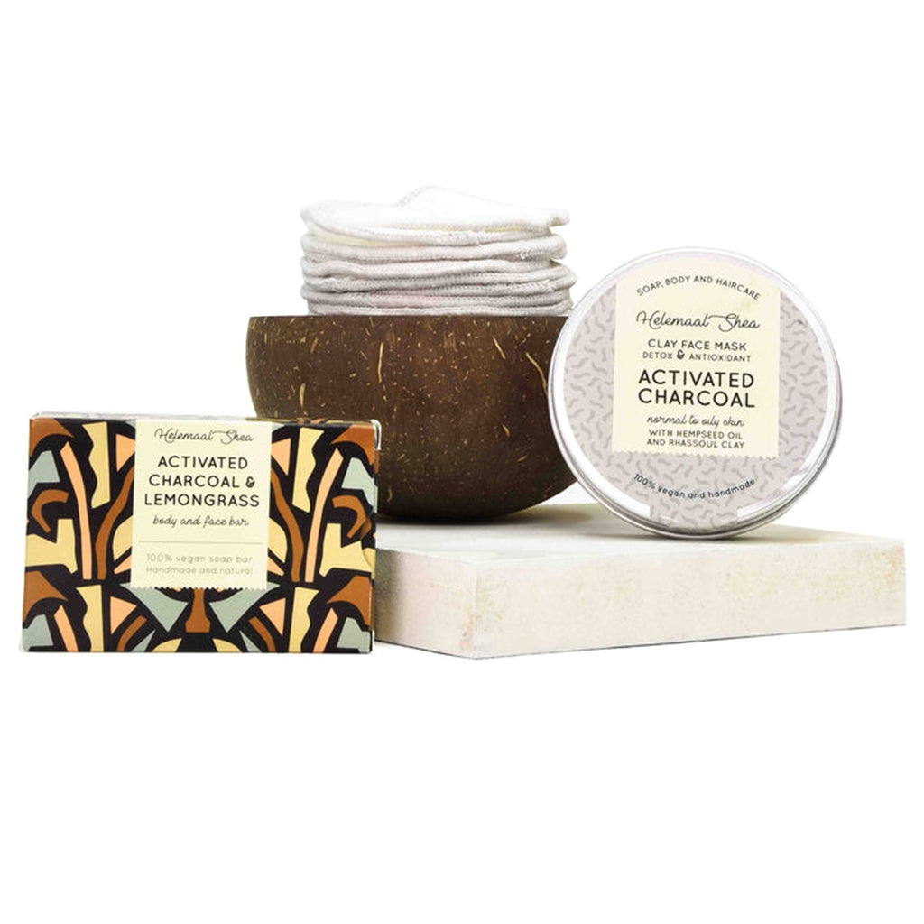 100% vegan handmade activated clay face mask and charcoal and lemongrass body and face bar make up a portion of this eco gift box