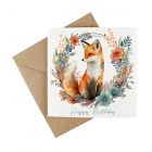 Happy birthday card made from wildflower seeded card, featuring a fox surrounded by a floral wreath. Presented with a kraft envelope.