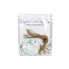 Pack of 10 circular shaped gifts tags made from recycled card, featuring a green leaves print.