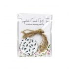 Set of 10 round gift tags made from recycled card, with a puffins print. Tags are presented with pre-cut twine lengths.
