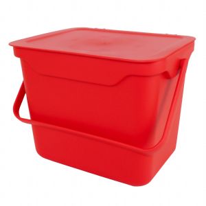 Handled red plastic food waste compost caddy bin with 5 litre capacity and ability to be wall mounted. Can also be used as storage container box.