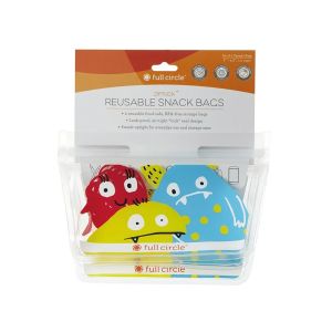 a set of two reusable BPA free snack bags for children's lunches, with a colourful monster design