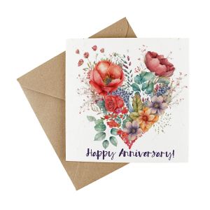 Plantable wildflower seeded greetings cards, featuring a floral heart and 'Happy Anniversary' text. Presented with a kraft envelope.