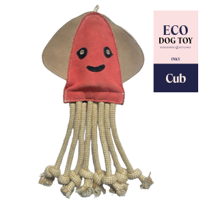Biodegradable pink and beige coloured squid shaped dog toy with recycled crinkly bottle inside.