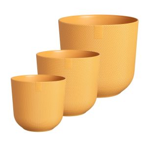 set of three vibrant yellow recycled plastic plant pots, in different sizes