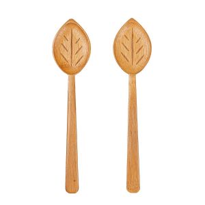 Pair of bamboo salad servers, with leaf-shaped spoons.