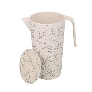 1.6L taupe coloured pitcher jug with a grey dainty leaf print, made from recycled plastic. 