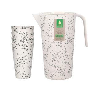 Eco-friendly leaf patterned taupe pitcher jug and cups set made from recycled plastic.