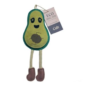 Green avocado shaped dog chew toy with rope additions, made from eco-friendly sustainable materials.