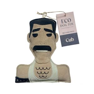 Eco-friendly dog toy shaped like Mr Fahrenheit (Freddie Mercury) made from biodegradable jute, soft suede, coco coir and cotton rope.